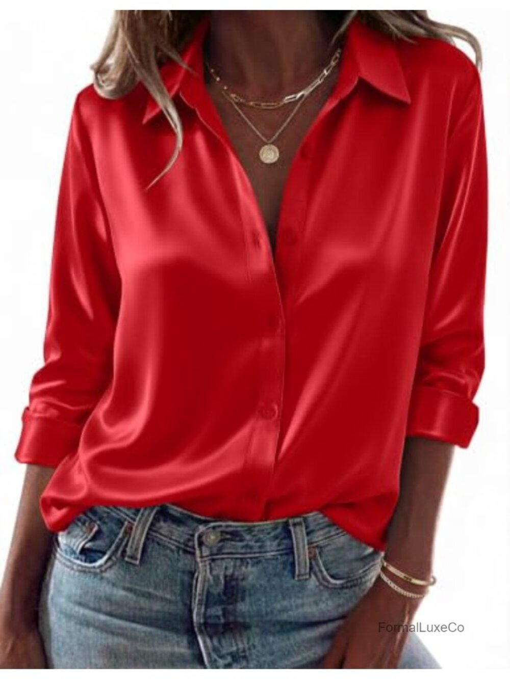 Satin Silk Button Down Blouse Long Sleeve Dressy Top